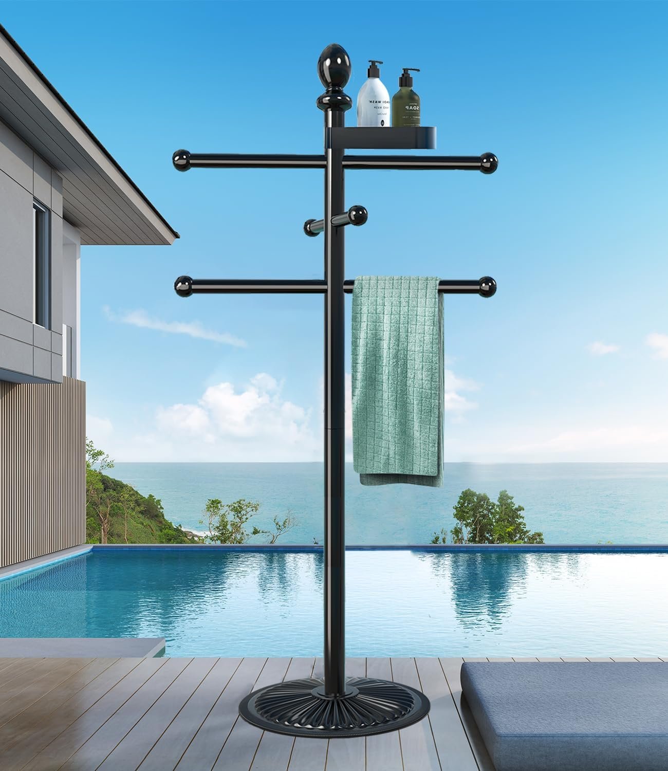 Pool Outdoor Towel Rack, Metal Heavy Duty Never Tilt Pool Accessories with Heavy Metal Base, 6 Bars Hot Tub Accessories Towel Dying Rack Towel Stand for Pool, Spa（53inches）