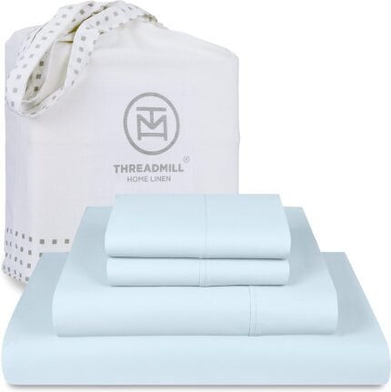 Threadmill Supima Cotton Queen Sheet Set, 1200 Thread Count for Queen Mattresses, 4 Piece American Luxury Bed Sheets, Sateen Hotel Quality Sheets with Elasticized Deep Pocket, Light Blue
