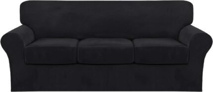 FantasDecor 4 Piece Sofa Velvet Couch Covers for 3 Cushion Stretch Slipcover with Individual Seat Cushion Elastic Furniture Protector for Pets, Machine Washable (Sofa, Black)