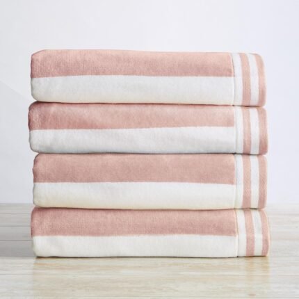 Great Bay Home 100% Cotton Velour 4 Pack Oversized Beach Towels - Pink/White Cabana Stripe Pool Towels - Quick Dry, Large Swim Towels (4 Pack 35" x 70", Dusty Rose/White)