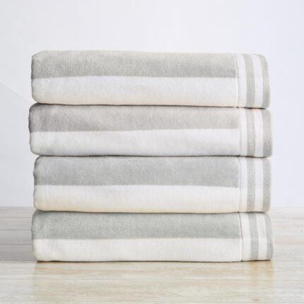 Great Bay Home 100% Cotton Velour 4 Pack Beach Towels - Grey Cabana Stripe Pool Towels - Quick Dry, Large Swim Towels for Adults and Kids (4 Pack 30" x 60", Pale Grey)