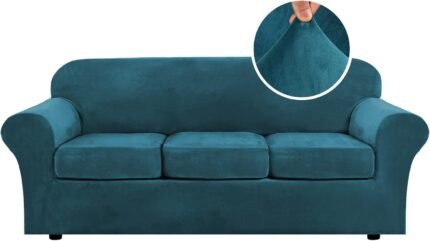H.VERSAILTEX Modern Velvet Plush 4 Piece High Stretch Sofa Slipcover Sofa Cover Furniture Protector Form Fit Luxury Thick Velvet Sofa Cover for 3 Cushion Couch Width Up to 90 Inch (Sofa,Deep Teal)