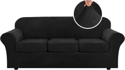 H.VERSAILTEX Modern Velvet Plush 4 Piece High Stretch Sofa Slipcover Sofa Cover Furniture Protector Form Fit Luxury Thick Velvet Sofa Cover for 3 Cushion Couch Width Up to 90 Inch (Sofa,Black)