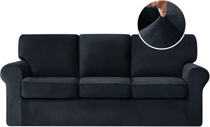 7 Pieces Velvet Stretch Sofa Covers for 3 Cushion Couch Covers Luxury 3 Seater Couch Slipcover with 3 Backrest Covers and 3 Cushion Covers with Elastic Band (Black, Large)