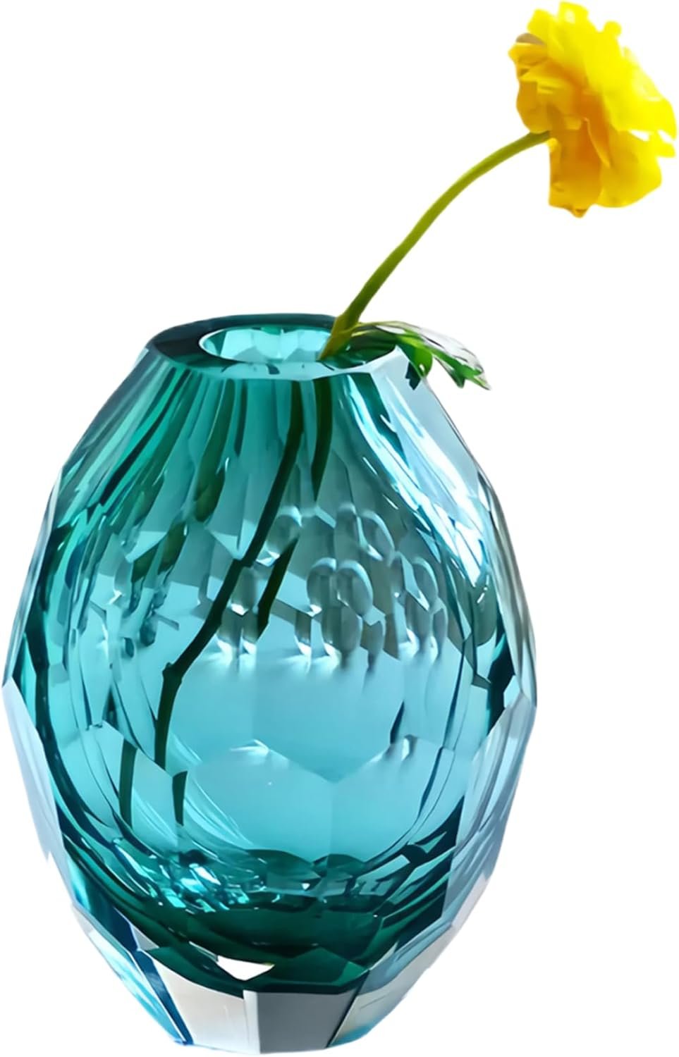 Luxury Hand Blown Made Rhombus Art Glass Vase Decoration Center,Turquoise Table Decoration Vase 3.7lb Blue Vases Home Decor