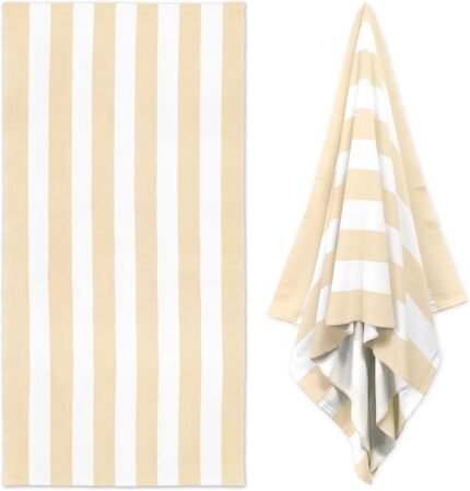 Large Oversized Beach Towel - 35 x 70 Inch Microfiber Pool Towel, Beige Striped Quick Dry Cabana Swim Towel