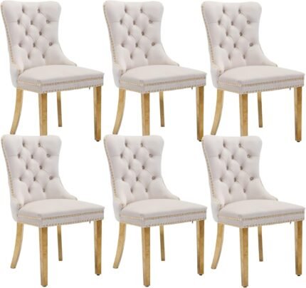 Beige Velvet Dining Chairs Set of 6, Upholstered Dining Room Chairs with Back Ring Pull Trim and Golden Stainless Steel Legs,Modern Kitchen Chairs for Dining Room,Living Room,Kitchen(Beige)