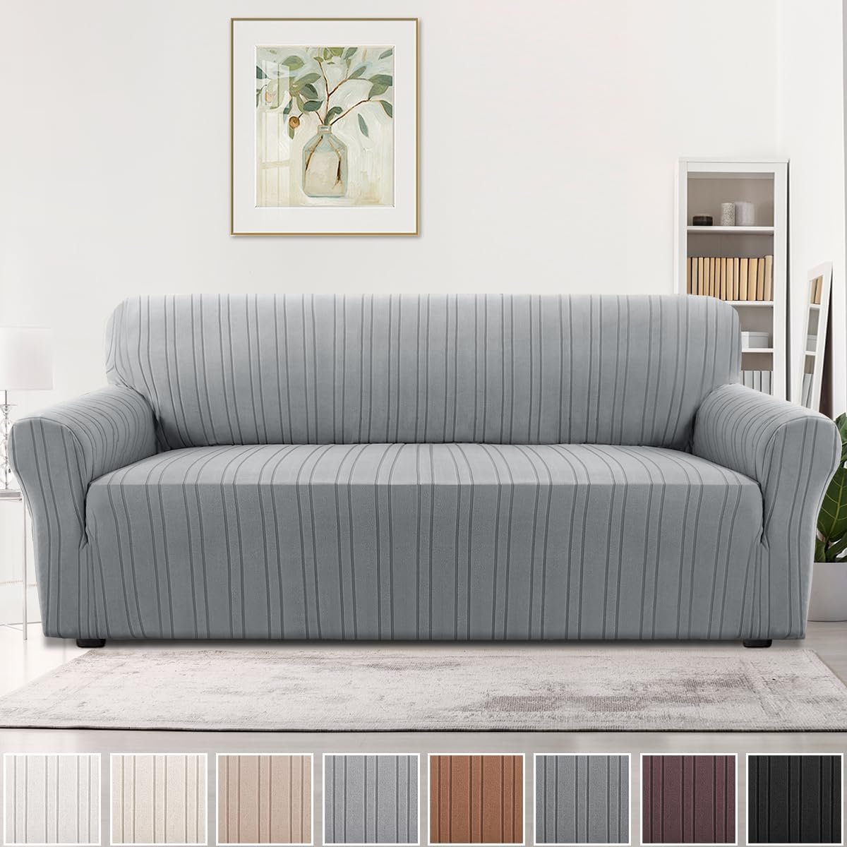 H.VERSAILTEX High Stretch Sofa Slipcover 1-Piece Couch Cover Non Slip Sofa Cover with Elastic Bottom Thick Soft Sofa Covers Washable Polyester Spandex Jacquard Fabric Stripe Design(Sofa, Dove)