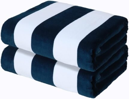 Exclusivo Mezcla 2 Pack Cotton Oversized 35x70 Inches Cabana Stripe Beach Towels, Super Absorbent Soft Plush Pool Bath Towel (Dark Navy)