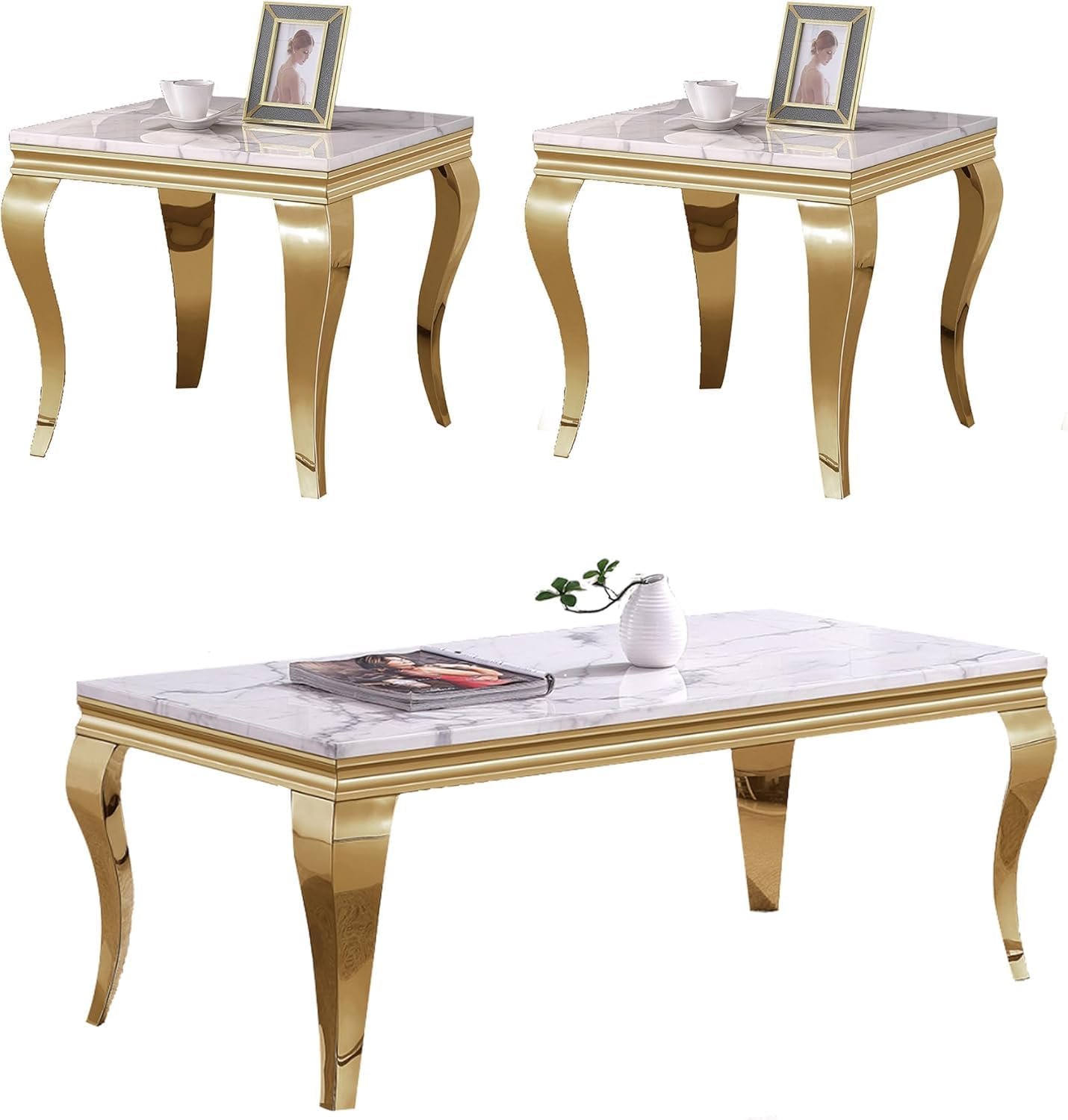 White Marble Coffee Table Set of 3, Modern Faux Marble Coffeee Table and 2 End Side Table, Luxury 3 Piece Living Room Table Set with Gold Stainless Steel S-Shape Legs for Apartment Home Office