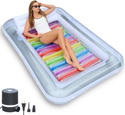 Inflatable Tanning Pool Lounger Float w/Reflective Base (Electric Pump Included) 85” x 58” - Sun Bathing Sun Tanning in Pool or Backyard