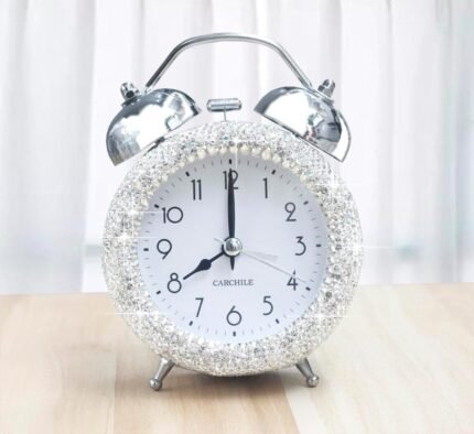 Bling Rhinestone Alarm Clock Morning Call for Bedroom Houser Desktop Home and Office Decorations AB (Silver)
