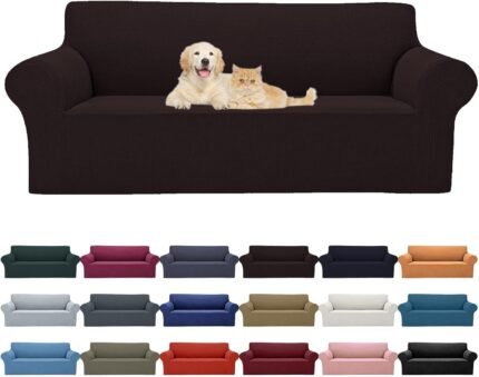 2025 New Stretch Sofa Slipcovers Couch Cover for 3 Cushion Furniture Protector Sofa Covers with Elastic Bottom Jacquard Fabric Small Checks for Pets, Kids -Sofa, Chocolate