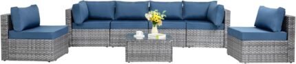 Shintenchi 7 Pieces Outdoor Patio Sectional Sofa Couch, Silver Gray PE Wicker Furniture Conversation Sets with Washable Cushions & Glass Coffee Table for Garden, Poolside, Backyard (Aegean Blue)