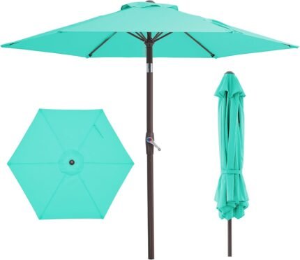 JEAREY 7.5FT Patio Umbrellas Outdoor Pool Umbrella Table Market Umbrella with 6 Ribs, Tilt Button for Deck Backyard Garden,Aqua Sky