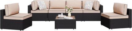 Shintenchi 7 Pieces Outdoor Patio Sectional Sofa Couch, Black Wicker Furniture Conversation Sets with Washable Cushions & Glass Coffee Table for Garden, Poolside, Backyard (Khaki)