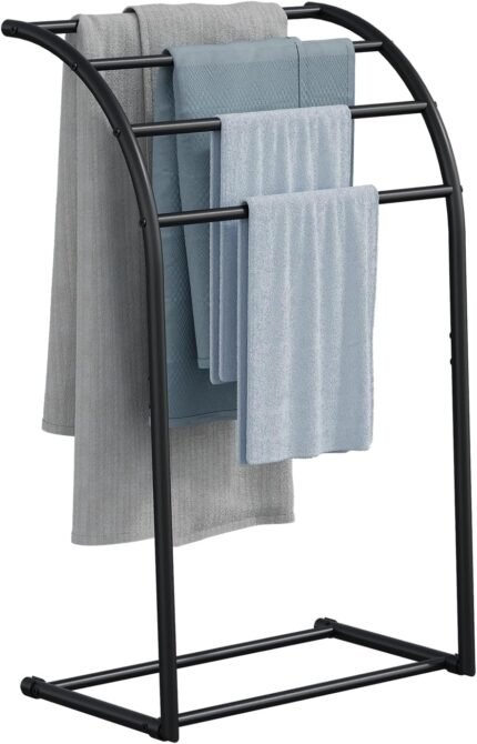YINMIT 40 Inch Free Standing Towel Rack, 4 Tier Pool Towel Stand Outdoor, Floor Towel Holder for Bathroom, Black Metal Towel Display Rack