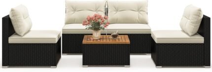 Tangkula 5 Piece Rattan Sofa Set, Patiojoy Outdoor Wicker Furniture Set with Seat & Back Cushions, Square Coffee Table, Patio Sectional Sofa Set for Backyard, Poolside, Garden
