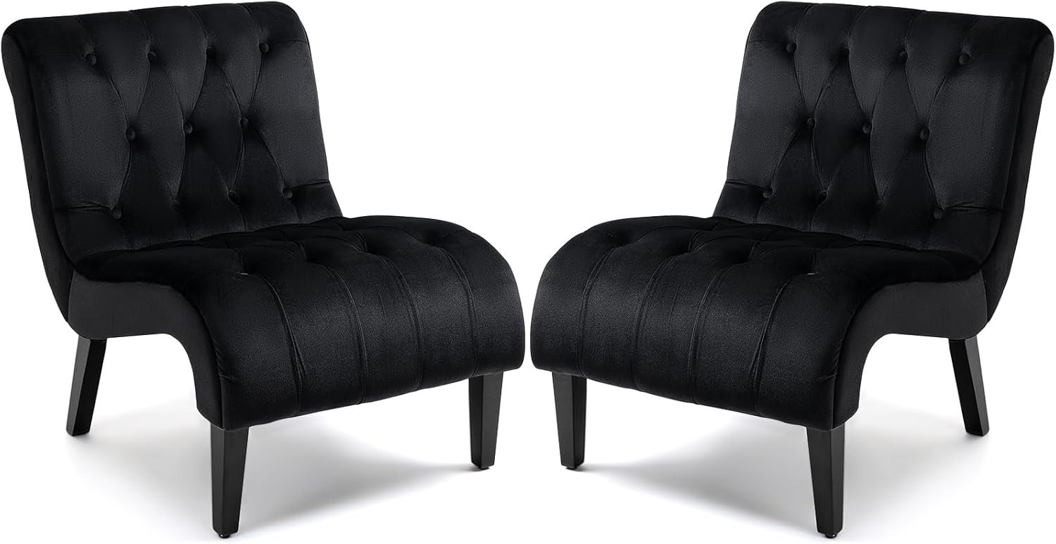 AVAWING Armless Accent Chair Set of 2, Upholstered Velvet Lounge Chair with Wood Legs, Comfy Reading Chair for Living Room & Bedroom, Black
