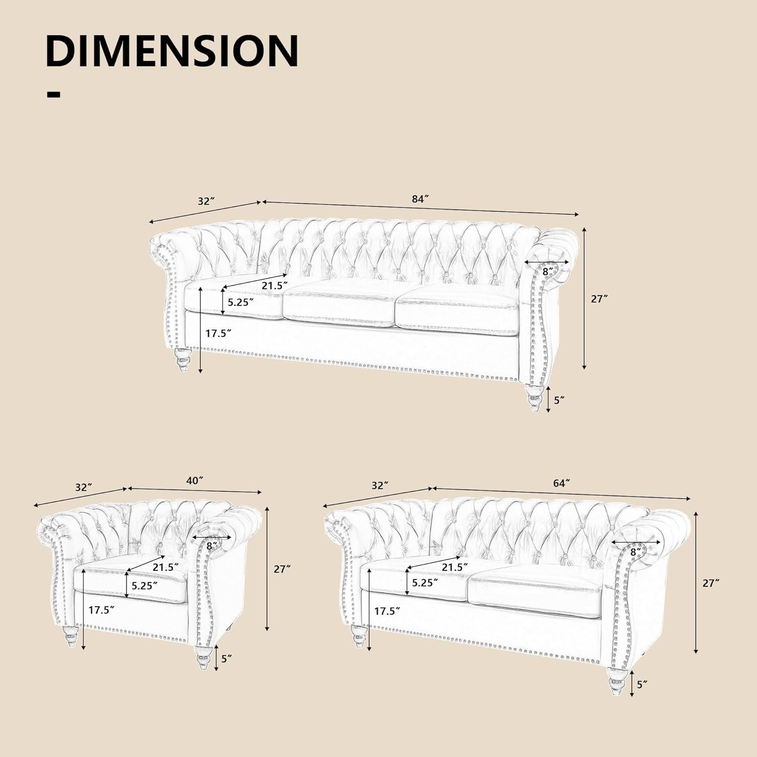AVZEAR 3-Piece Living Room Sectional Sofa Set, Upholstered Sofa Modern Sofa Couches Set Style Button Tufted, Velvet Chesterfield Sofa for Living Room Apartment, 1+2+3 Seat Grey