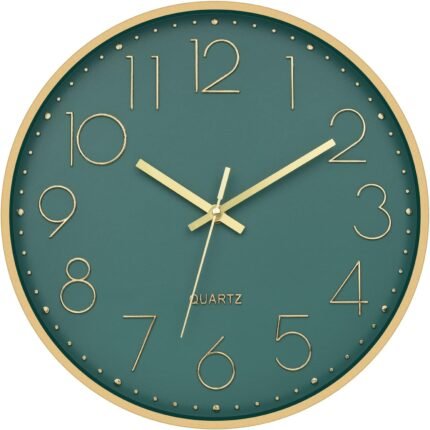 Foxtop Modern Wall Clock 12 Inch Silent Non Ticking Battery Operated Round Quartz Gold Wall Clock for Living Room Bedroom Kitchen Office Classroom Decor (Dark Green Dial)
