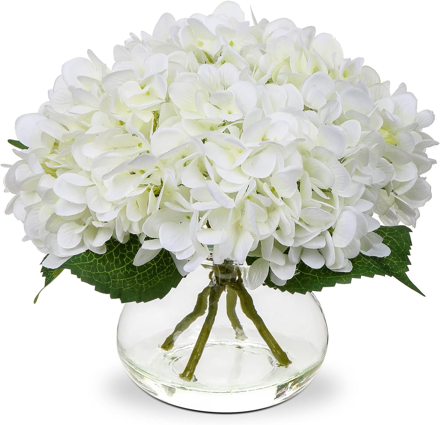 Hollyone Hydrangea Artificial Flowers with Vase White Silk Fake Flowers Arrangements in Glass Vase with Faux Water for Home Bathroom Office Table Centerpiece Shelf Decorations