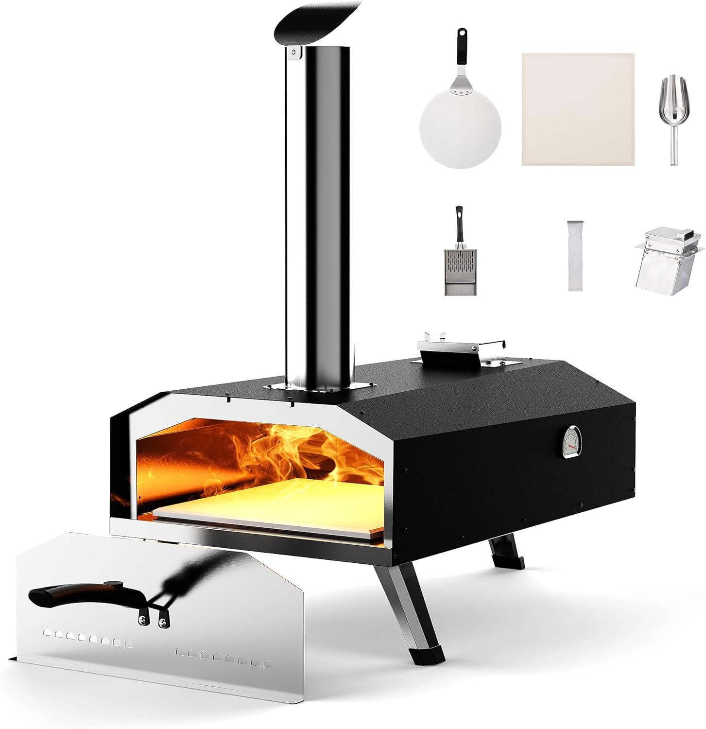 12" Wood Pellet Outdoor Pizza Oven,Wood Fired Portable Pizza Maker with Pizza Stone, Countertop Pizza Grill for Backyard and Outside, Black