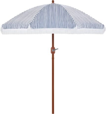 Yaheetech 7.5ft Patio Umbrella with Tassels, Fringe Portable Beach Umbrella, Umbrella Outdoor Patio with Crank Operating Mechanism, Tilting Aluminum Pole, Fiberglass Ribs For Garden, Pool, Blue/White