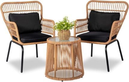 3 Piece Outdoor Wicker Furniture Bistro Set, Rattan Chairs Conversation Sets Porch Chair, Wicker Patio Furniture for Balcony Poolside Backyard, Yellow/Black