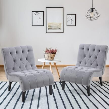 AVAWING Armless Accent Chair Set of 2, Upholstered Button Tufted Living Room Chairs with Wood Legs, Comfy Frosted Velvet Lounge Chair Reading Chair for Bedroom, Grey