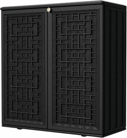 Outdoor Storage Cabinet Waterproof with Shelf,Resin Storage Sheds Outdoor Cabinets for tub towels/chemicals/grill items/Patio/Garden/Backyard, Size 34.3''L*15''W*36.2''H(Black)