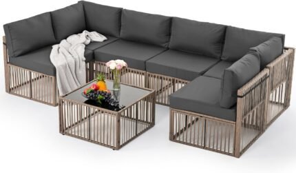 Pamapic 7 Pieces Outdoor Sectional, All-Weather PE Rattan Patio Furniture Set, Outdoor Furniture Set with Washable Cushions Covers, Brown Rattan, Gray Cushion