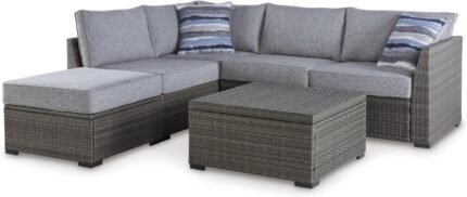 Signature Design by Ashley Petal Road Casual Weather Resistant Cushioned Outdoor Loveseat Sectional/Ottoman/Table Set with 2 Throw Pillows, Set of 4, Gray