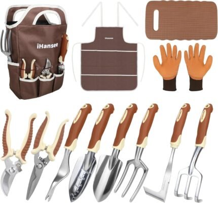 Brown Gardening Tools Set 12-Piece, Heavy Duty Garden Hand Tool Kit with Non-Slip Ergonomic Handle, Storage Tote Bag, Garden Apron, Gloves and Kneeling Pad, Gardening Gifts for Women Men Plant Lover