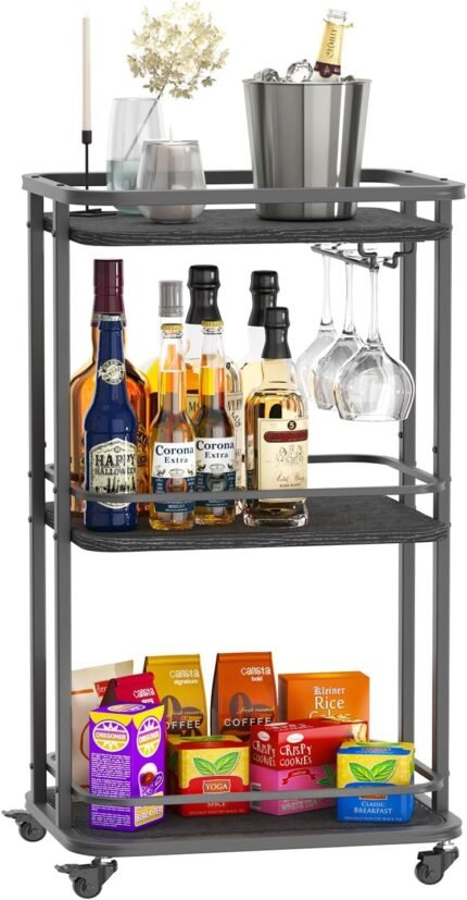 IBUYKE 3-Tier Home Bar Serving Cart,Kitchen Storage Carts with Wheels,11.79x15.72x33.01 inches,Rolling Mini Bar Cart for Home, Outdoor, Kitchen, Bedroom TMJ319B