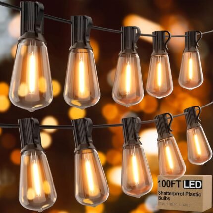 Outdoor String Lights 100ft ST38 with Waterproof Shatterproof 50(+2) LED Bulbs,Outside Hanging Vintage Edison Lights for Patio, Porch,Deck,Garden,Backyard,2500K Low Voltage (no dimmable)