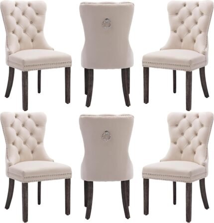 Velvet Dining Chairs Set of 6, Nikki Collection Dining Room Chairs with Wood Legs and Pull Ring, Luxury Side Chair with Nailhead Trim and Button Tufted Back, Beige