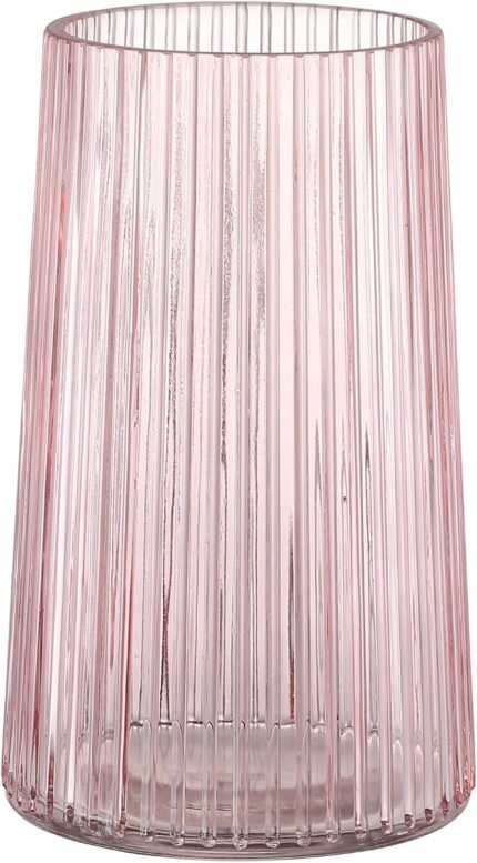 Pink Glass Vase for Flower, Flower Vase for Bouquet, Modern Glass Vases, Ribbed Vases for Living Room, Bedroom, Dining Table, Office, Wedding, Centerpieces, 8 Inches