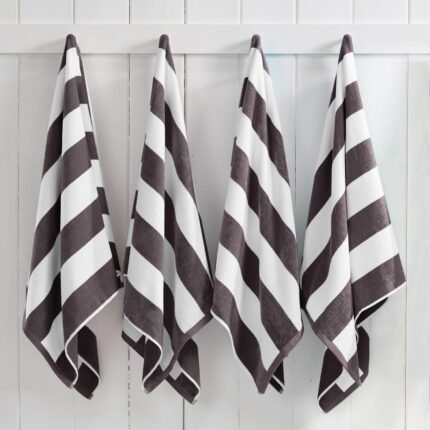Great Bay Home 100% Cotton Velour 4 Pack Beach Towels | Grey Cabana Stripe Pool Towels | Quick Dry, Large Swim Towels for Adults and Kids (4 Pack 30" x 60", Charcoal Grey)