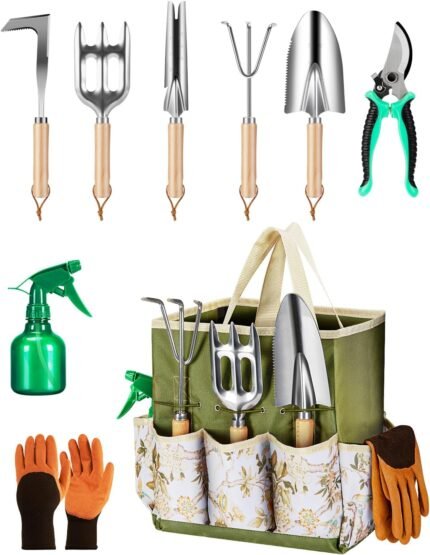9-Piece Premium Gardening Tool Set for Women - Heavy Duty Stainless Steel Rust-Proof Tools with Fashion Storage Tote | Perfect Gardening Gifts for Mom, Mother's Day, Birthday & Outdoor Pitchforks