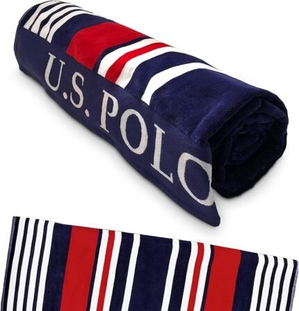 U.S. Polo Assn. Oversized (40” x 70”) Striped Nautical Design Beach Towel - Luxury Plush Cotton Hotel Quality for Bath, Pool - Blue/Red Multicolored