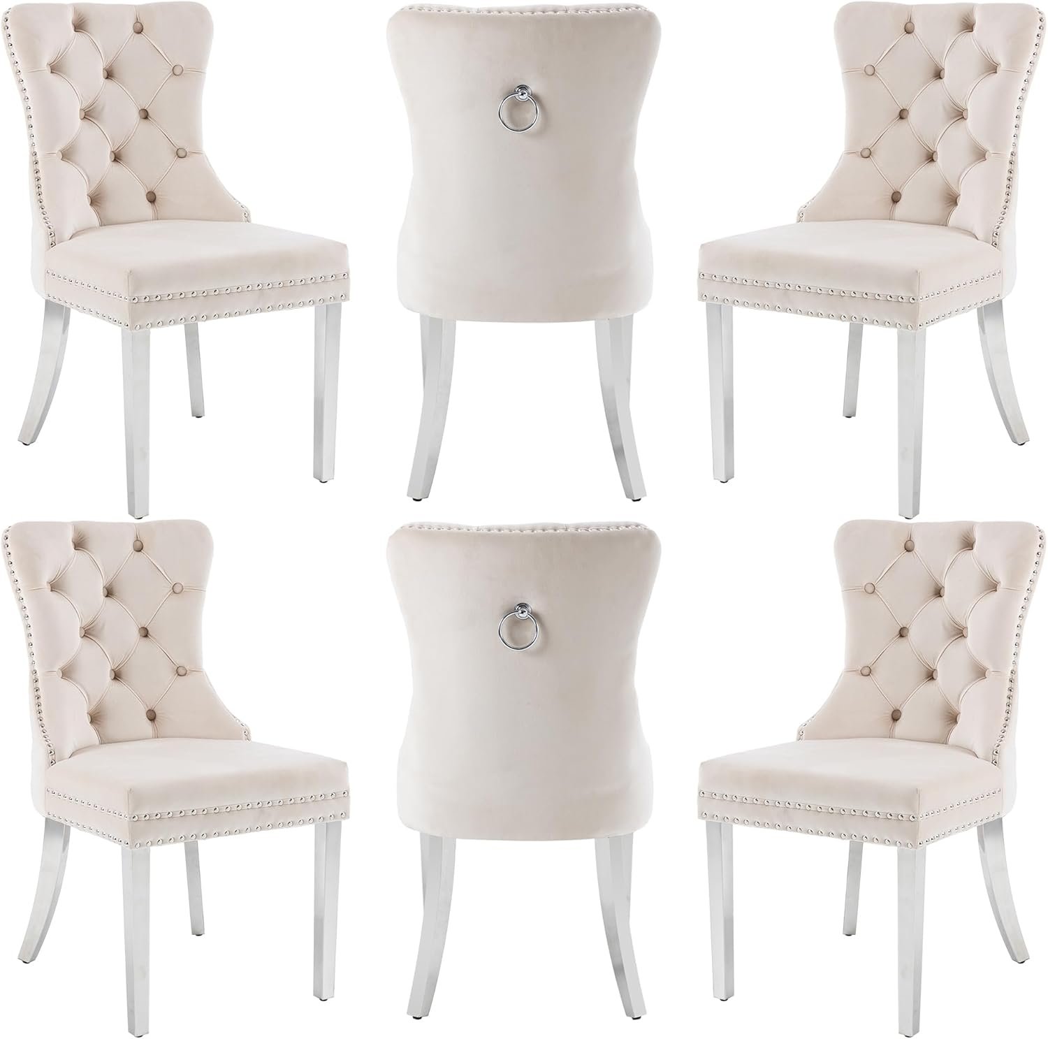 Velvet Dining Chairs Set of 6, Nikki Collection Dining Room Chairs with Silver Stainless Steel Legs and Pull Ring, Luxury Side Chair with Nailhead Trim and Button Tufted Back, Beige
