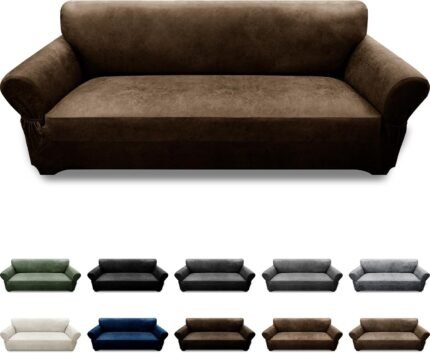 Couch Cover Leather Look 3 Seater Couch Sofa Cover 1-Piece Sofa Slipcover Stretch Furniture Protector with Elastic Bottom & Pockets(Sofa, Dark Brown)