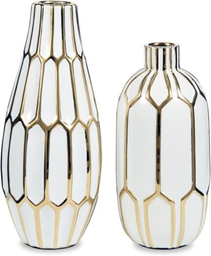 Signature Design by Ashley Mohsen Honeycomb Ceramic 2 Piece Bottle Neck Vase Set, White & Gold