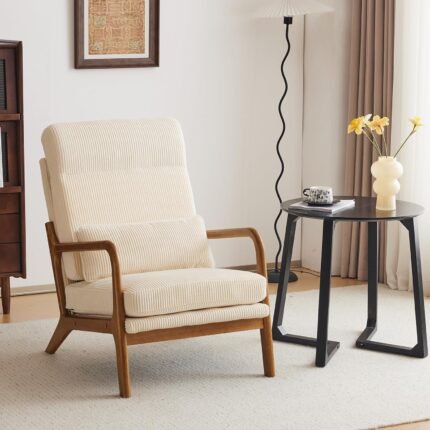 Karl home Mid-Century Modern Accent Chair, Living Room Chairs with Pillow High Back Corduroy Upholstered Lounge Armchair with Solid Wood Frame & Soft Cushion for Bedroom, Reading Room, Beige