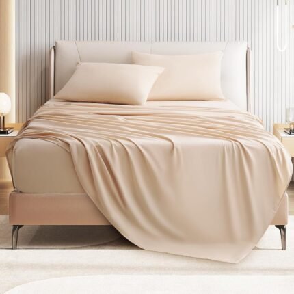 Queen Size 4 Piece Bed Sheet Set - Ultra Imitation Cotton-Premium Breathable & Cooling Sheets - Hotel Luxury Bed Sheets Deep Pocket up to 15"- Wrinkle, Fade, Stain Resistant (Beige, Queen)