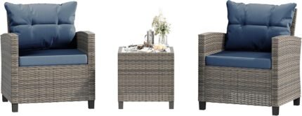 Shintenchi 3 Pieces Patio Furniture Set 3 Pieces PE Rattan Wicker Chairs with Table Outdoor Furniture for Backyard/Garden/Poolside/Outdoor Restaurant Gary Rattan with Blue Cushion