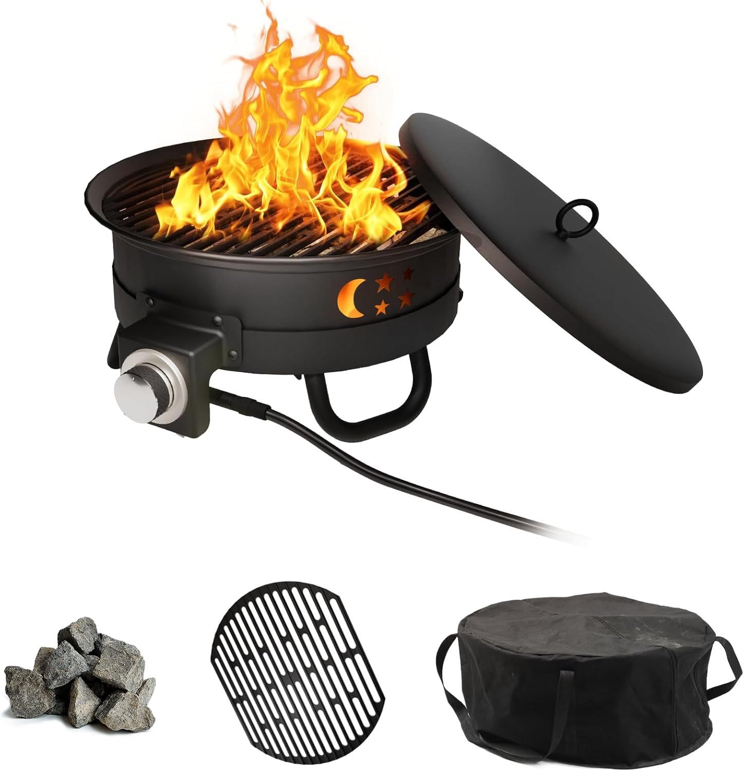 Portable 17 inch Propane Fire Pit 58000 BTU Smokeless Gas Fire Bowl with Adjustable Flame,Cover&Carry Kit,CSA Certified for Camping,Patio,Backyard,RV&Tailgating-Includes Hose &Lava Rocks&Grill