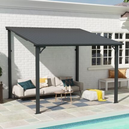 SUNSITT 8’ x 10’ Gazebo, Outdoor Lean to Gazebo Pergola w/Drainage Holes, Wall-Mounted Gazebo with Hard Top Metal Awnings for Patio Backyard Deck, Dark Grey