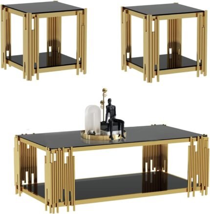 Glass Coffee Table Set of 3, 3 Piece Living Room Table Set Include 1 Coffee Table & 2 End Tables, Modern 2-Tier Black Gold Coffee Table and End Table Sets with Mirrored Stainless Steel Frame